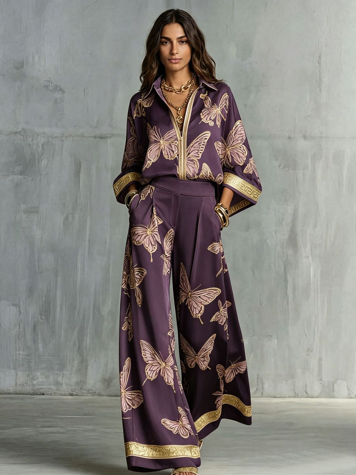 Style Women's Retro Printed Sexy Deep V Neck Loose Zipper Top with Wide Leg Pants Two-Piece Set