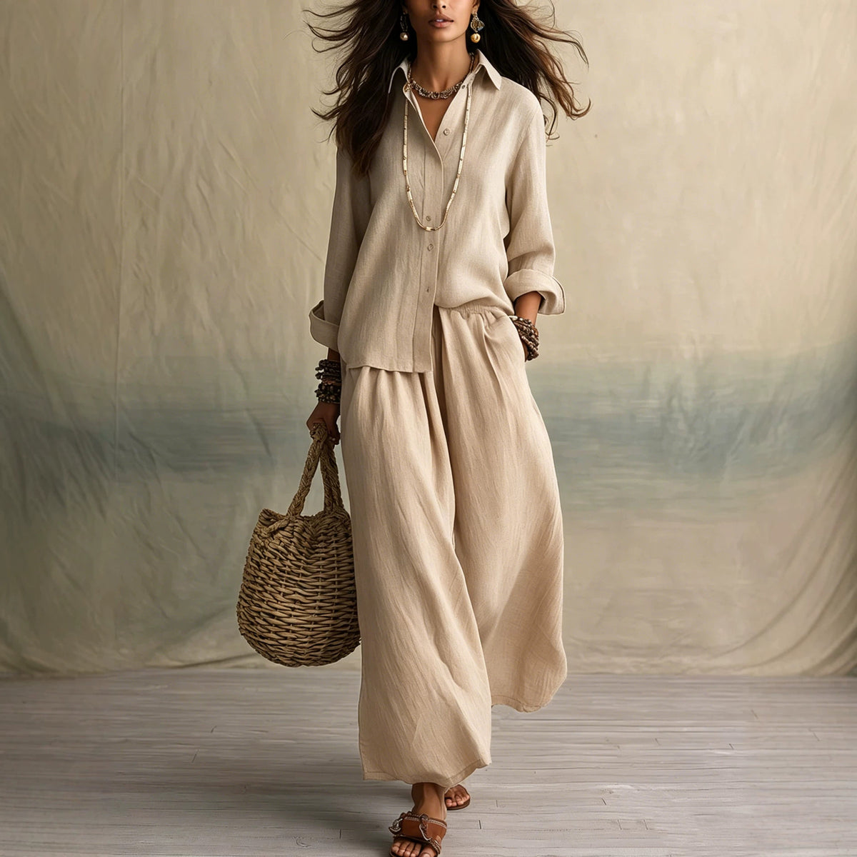 Summer High-End Shirt Collar Outfit Loose Cotton Linen Women's Set