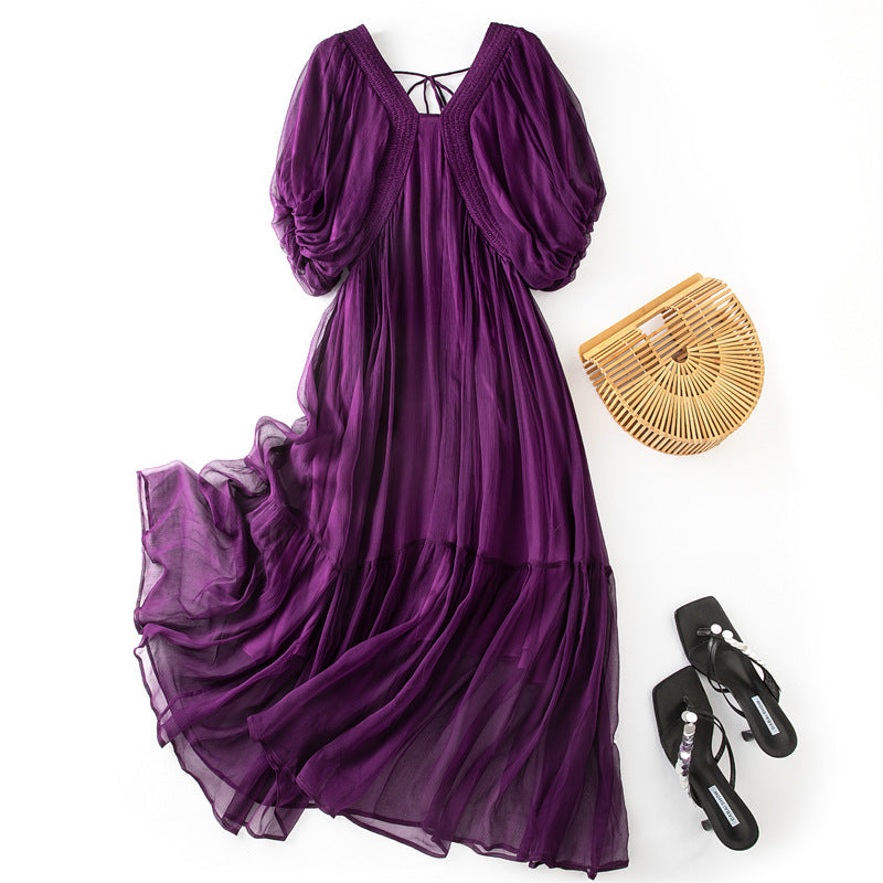 Babier Women's Silk Dress Summer New Style Mulberry Silk Elegant Purple Beach Long Dress
