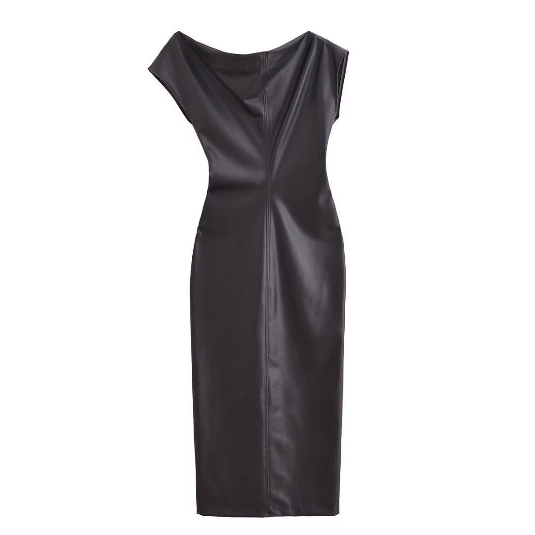 Asymmetric dress, long skirt, slim fi, vegan leather pleated dress