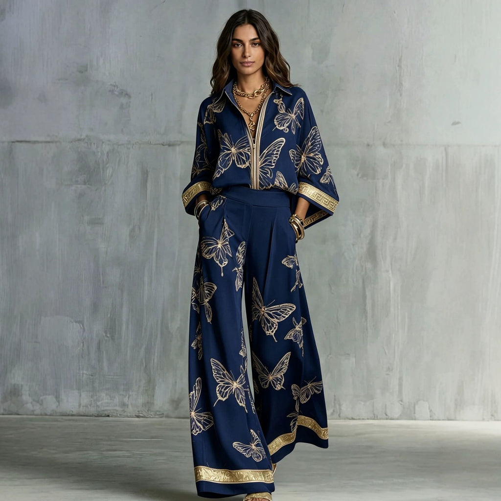 Style Women's Retro Printed Sexy Deep V Neck Loose Zipper Top with Wide Leg Pants Two-Piece Set