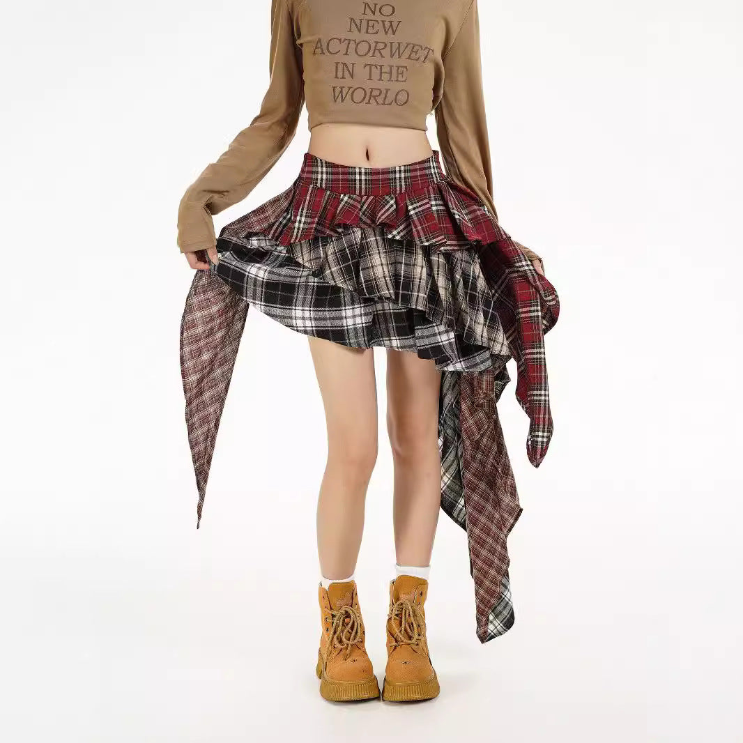 Patchwork skirt for women, autumn design sense, spicy girl style, fashionable irregular short skirt