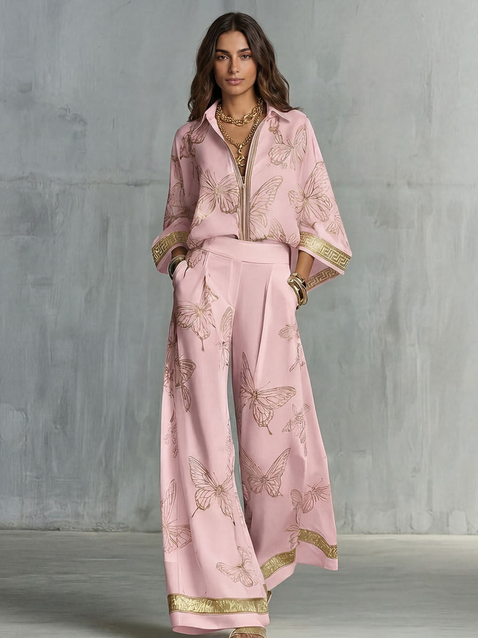 Style Women's Retro Printed Sexy Deep V Neck Loose Zipper Top with Wide Leg Pants Two-Piece Set