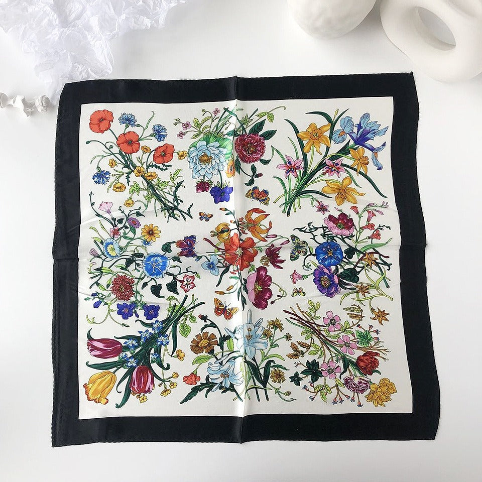 Silk satin small scarf, fashionable and versatile floral small scarf