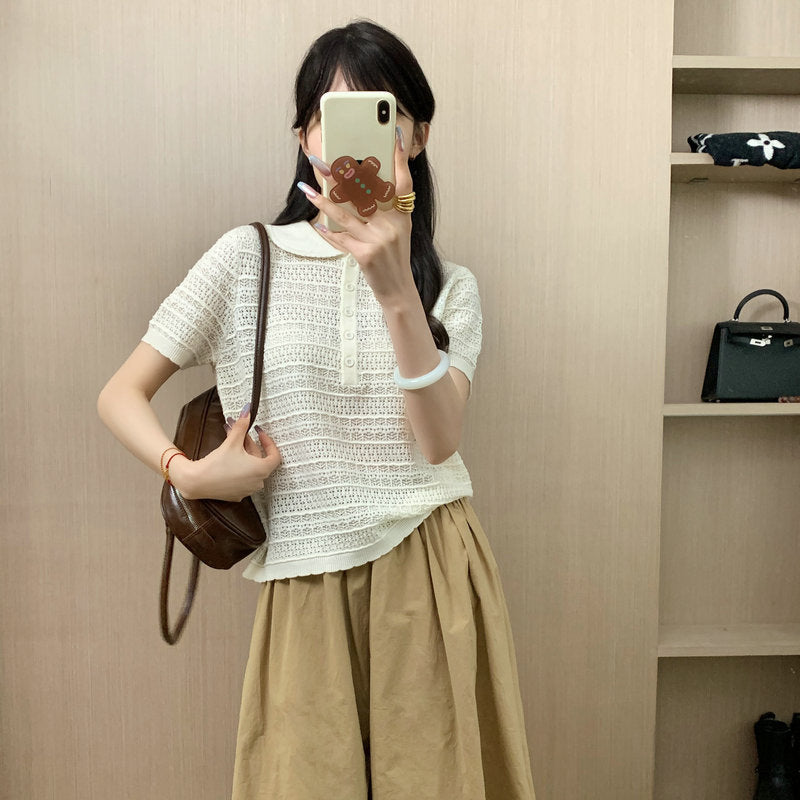 Knit Short Sleeve T-Shirt Silk Wool Polo Collar Hollow Out Casual Top