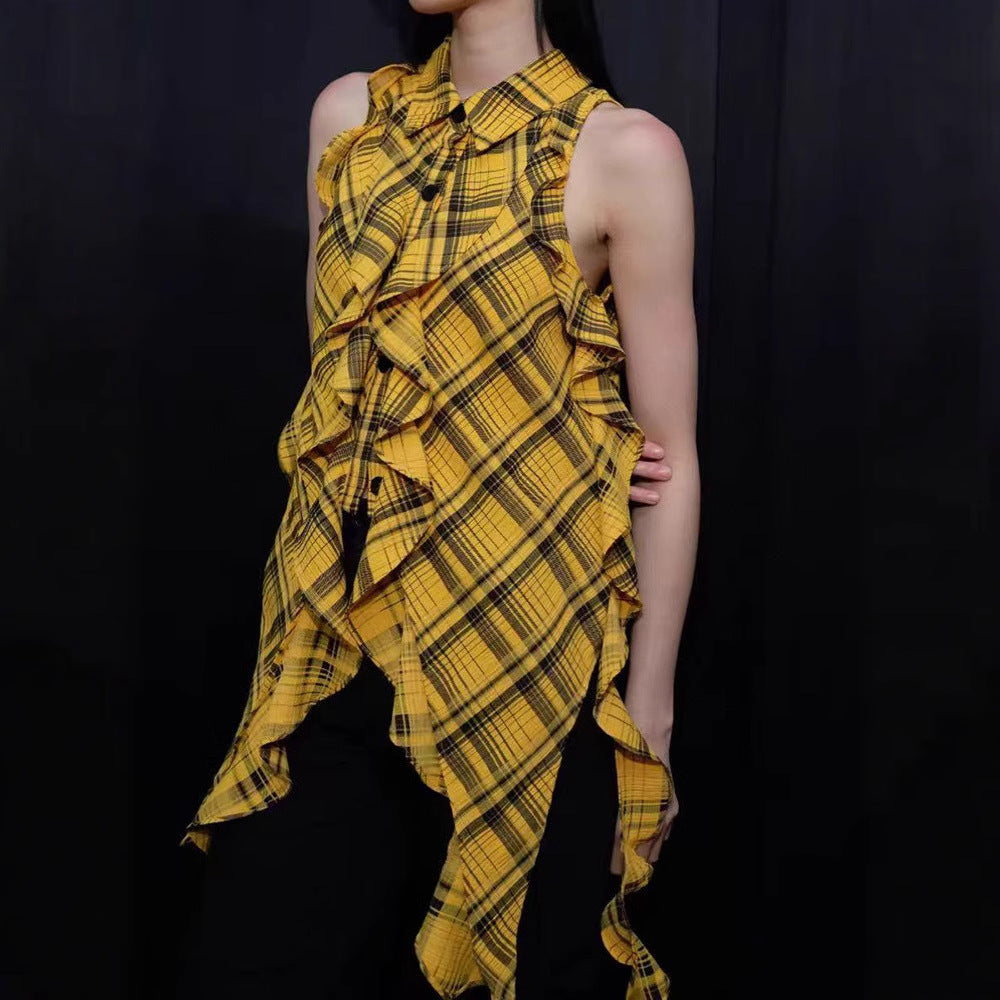 Fashionable spicy girl sleeveless yellow checkered shirt with single breasted irregular design personalized top for women