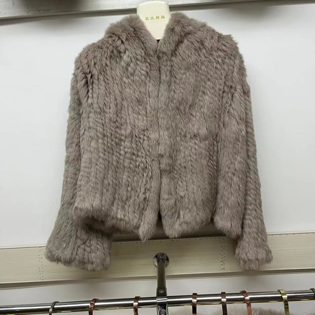 Autumn Winter Women Real Rabbit Fur Coat 100% Natural Fur Jacket Loose Manual Weave Quality Streetwear Hooded Flare Sleeves New