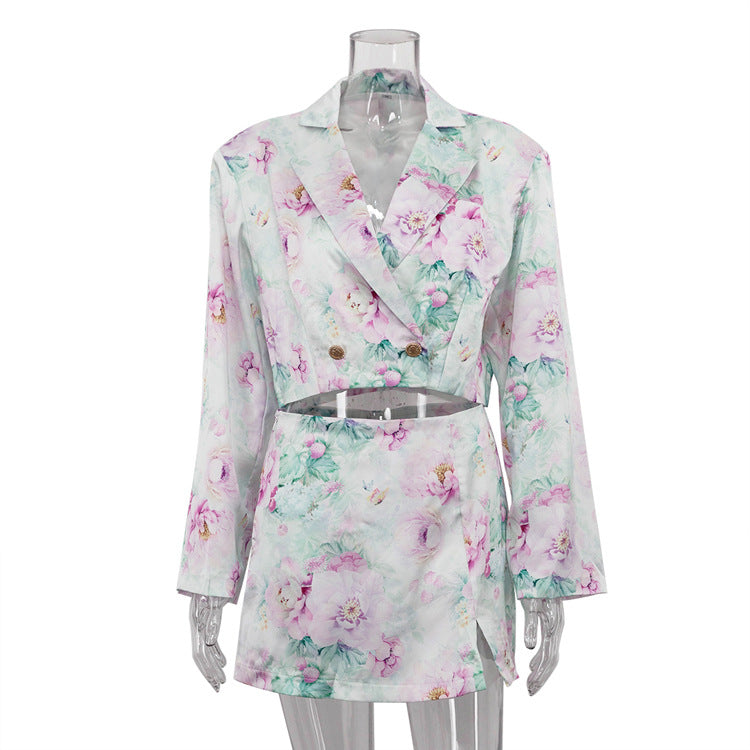 Loose suit skirt two-piece set long sleeved lapel top printed high waisted short skirt