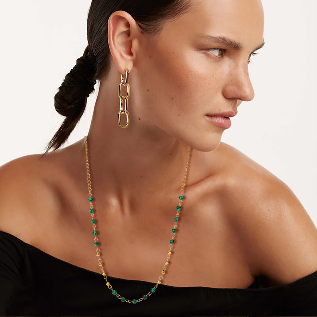 Fashionable INS style necklace with 18K gold small round beads, stainless steel necklace, green turquoise round beads, retro necklace for women