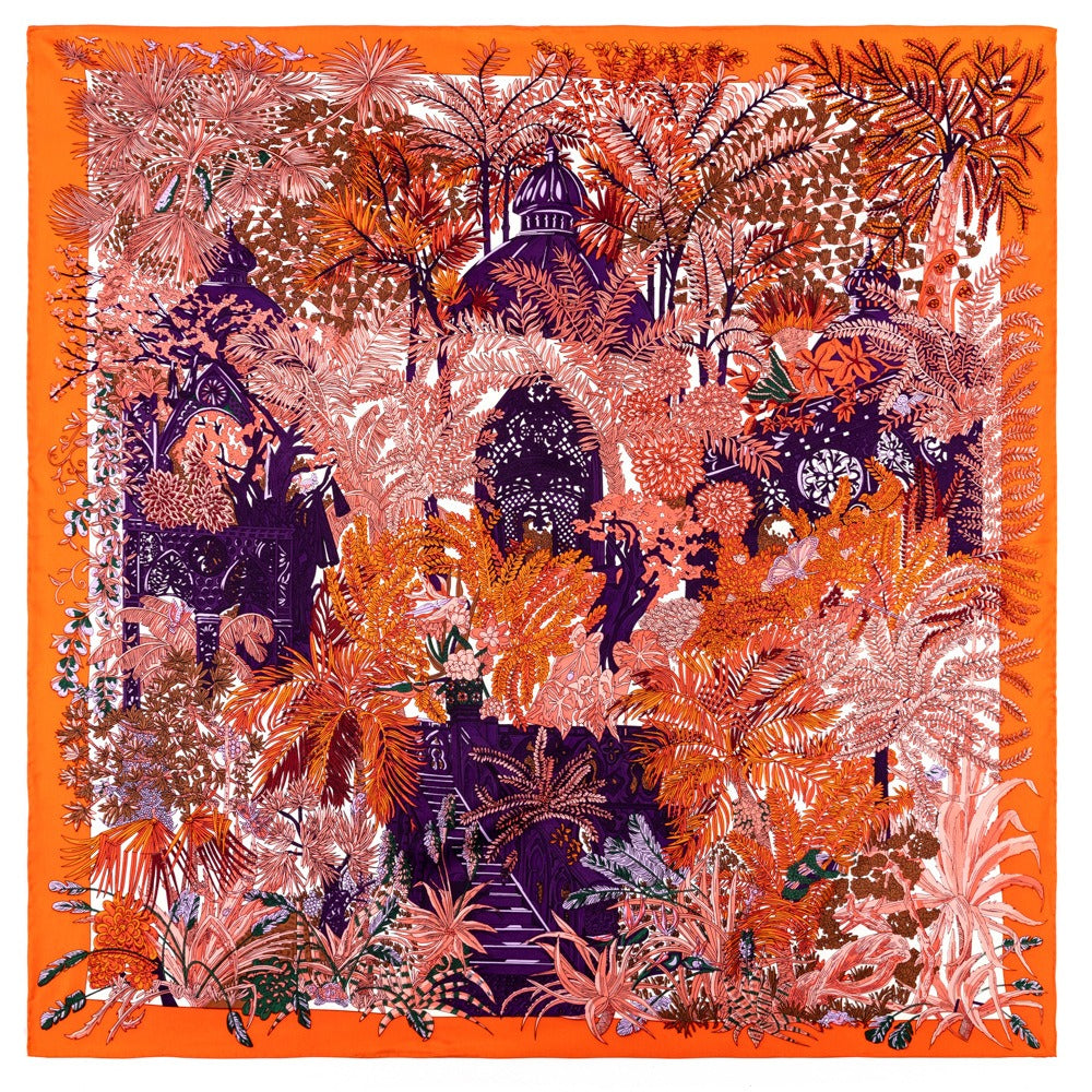 Twill silk square scarf jungle castle print scarf