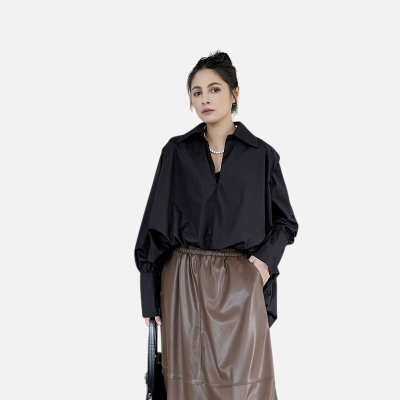 French temperament V-neck lazy irregular pleated long sleeved shirt