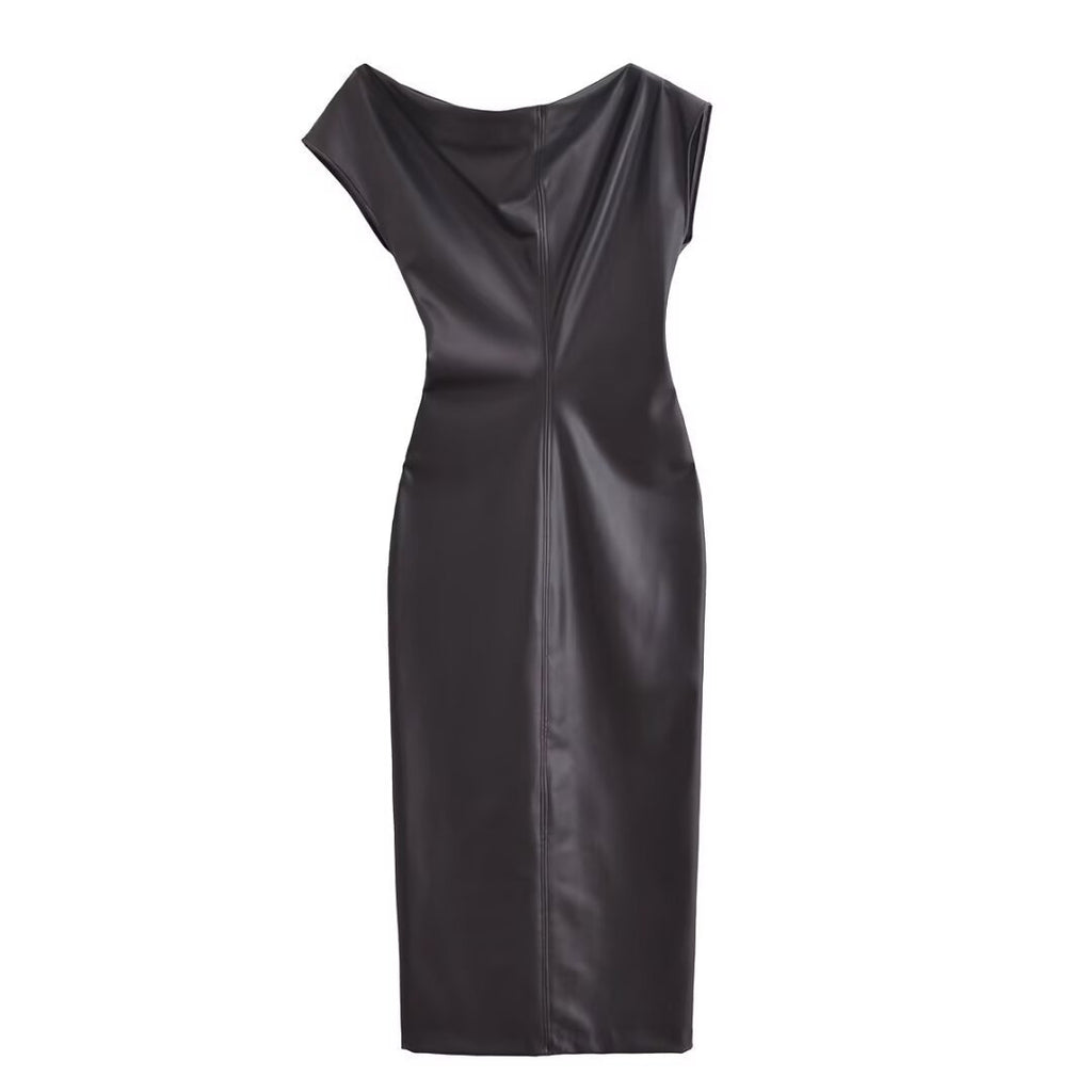 Asymmetric dress, long skirt, slim fi, vegan leather pleated dress