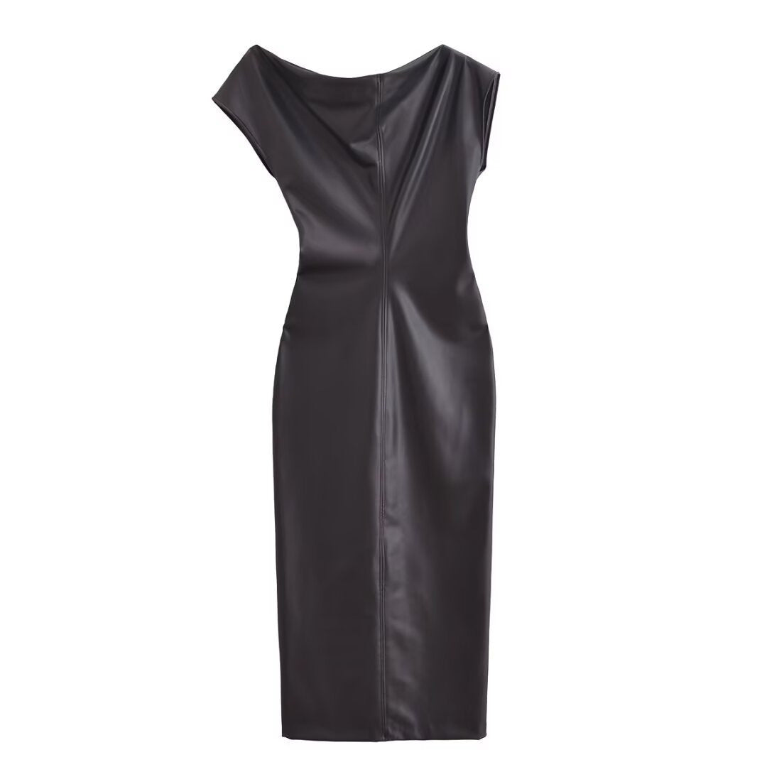 Asymmetric dress, long skirt, slim fi, vegan leather pleated dress