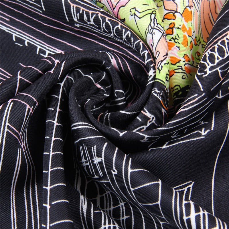Twill silk square scarf  high-rise street view print fashionable scarf