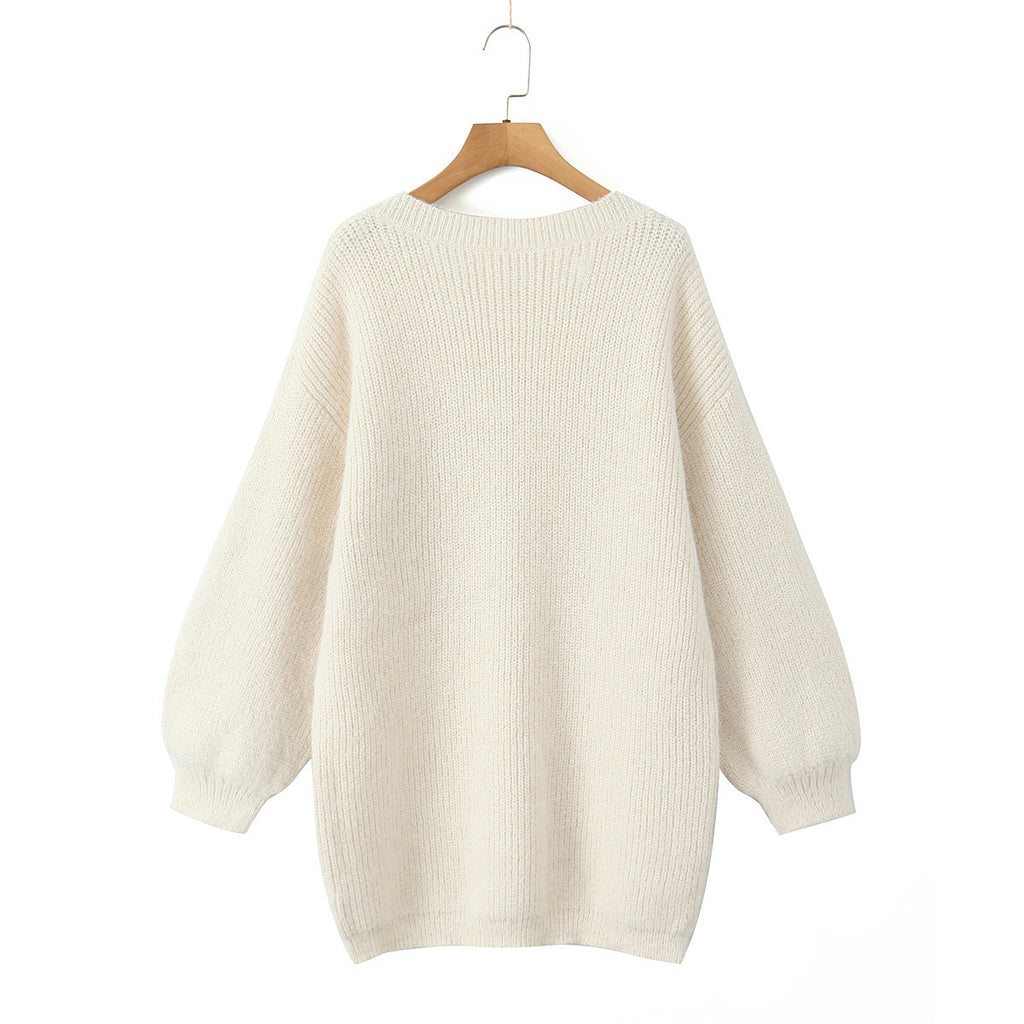 Oversized loose medium to long sweater for autumn and winter, V-neck large backless knitted sweater for women