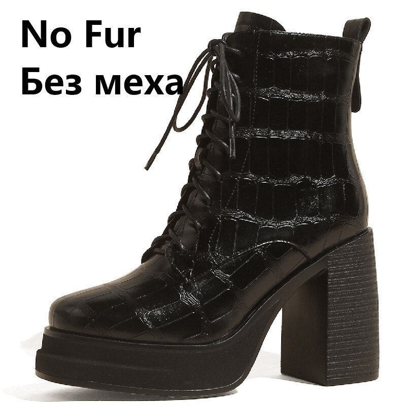 Women Ankle Boots Retro Fashion Office Ladies Chunk Platforms Thick High Heels Genuine Leather Shoes Autumn Winter