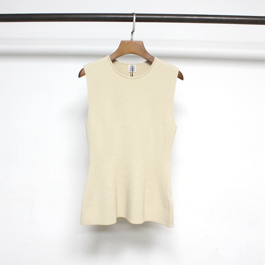 Beige Viscose Fiber Slim Fit Ruffled Tank Top Small Sleeveless Simple B Pair Knit