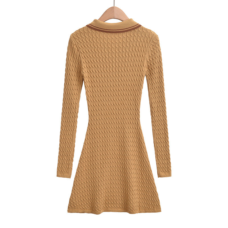 Women's polo collar button design, slim fit and waist cinching, spicy girl long sleeved knitted dress