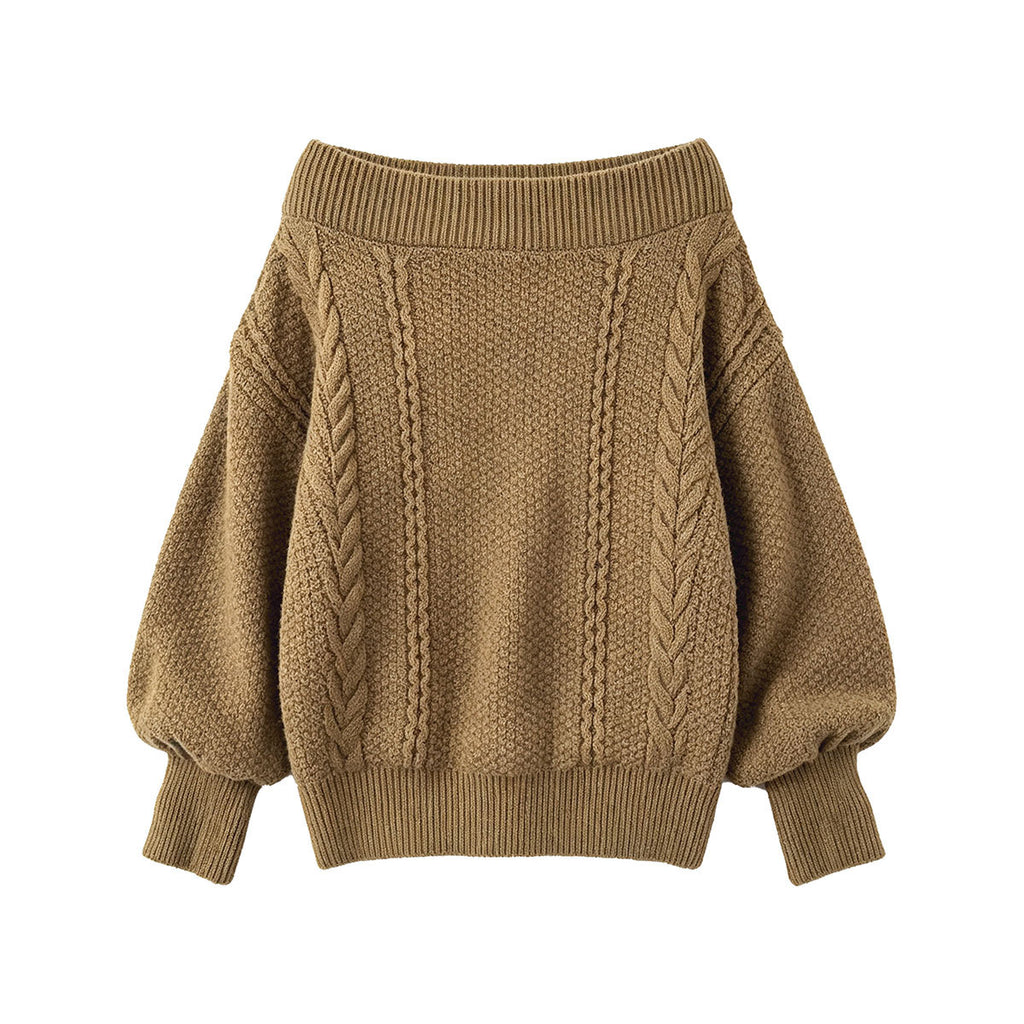 Lace-up Shoulder Cable Knit Loose Long Sleeve Sweater Women's One-Shoulder Wide Knit Top