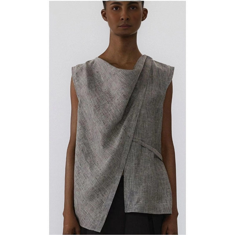 Women's summer and autumn minimalist style camisole vest high-end solid color pleated lace-up design inner top