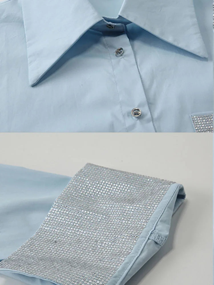 Diamonds Spliced Design Blue Long Sleeve Blouse For Women Summer New Contrast Color Loose Fashion Shirt