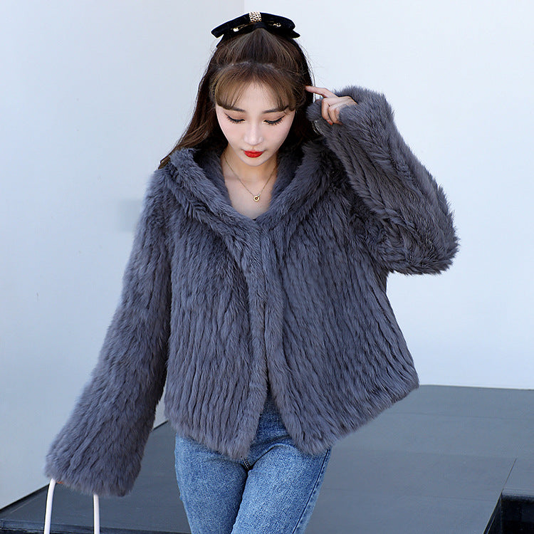 Autumn Winter Women Real Rabbit Fur Coat 100% Natural Fur Jacket Loose Manual Weave Quality Streetwear Hooded Flare Sleeves New