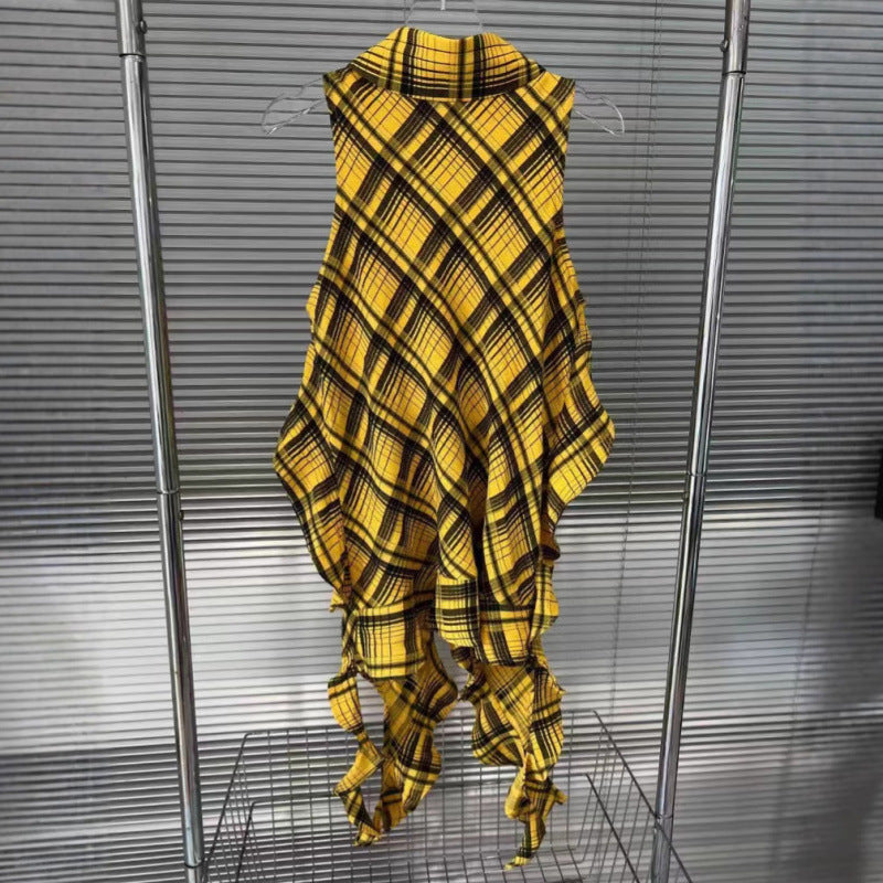 Fashionable spicy girl sleeveless yellow checkered shirt with single breasted irregular design personalized top for women