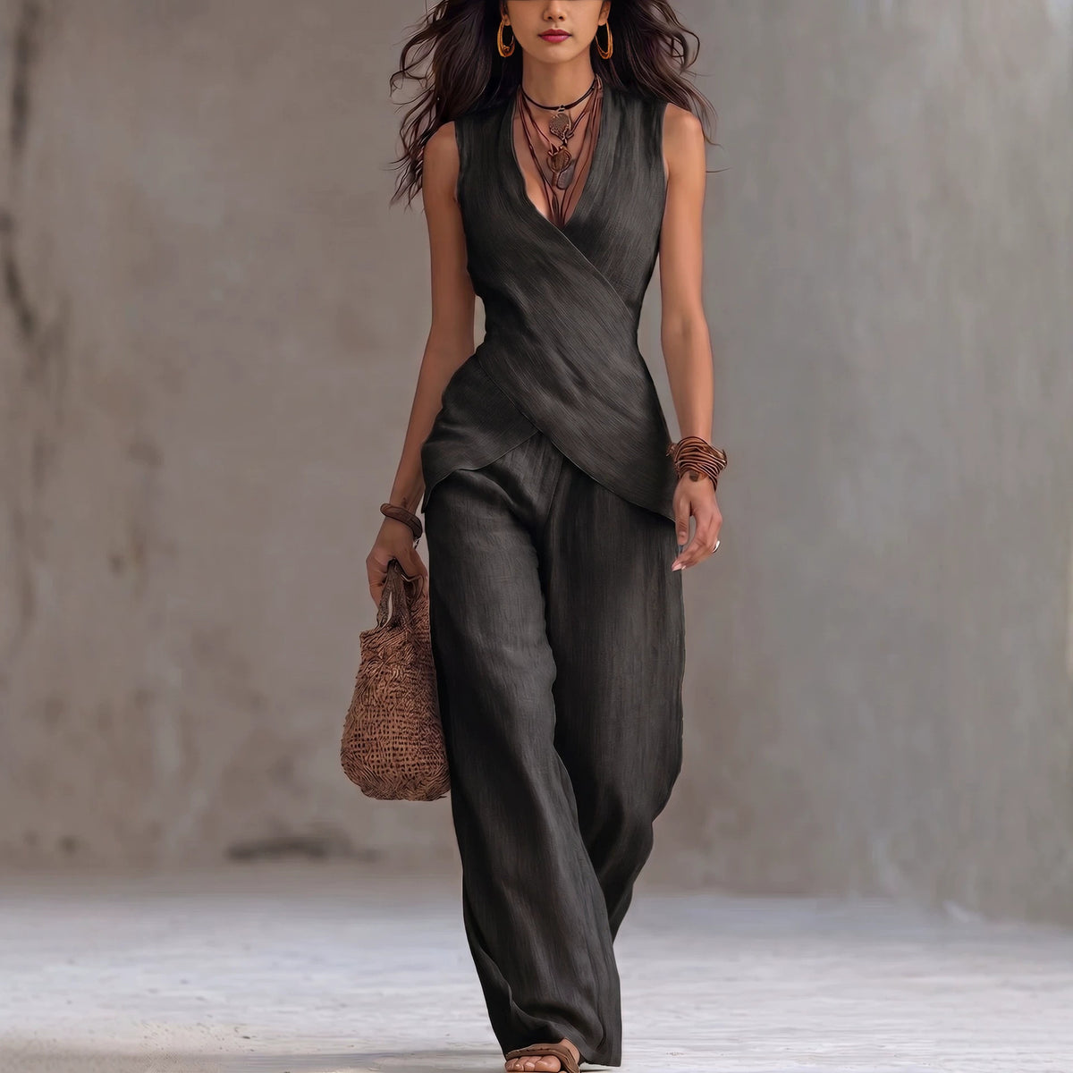 Sleeveless V-neck waist cinched top paired with wide leg pants set