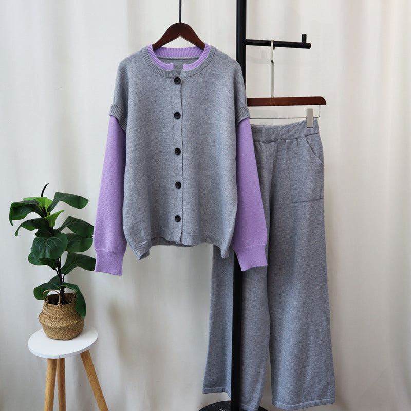 Detachable sleeve knitted cardigan, woolen pants, loose contrasting sweater set for women's fashion