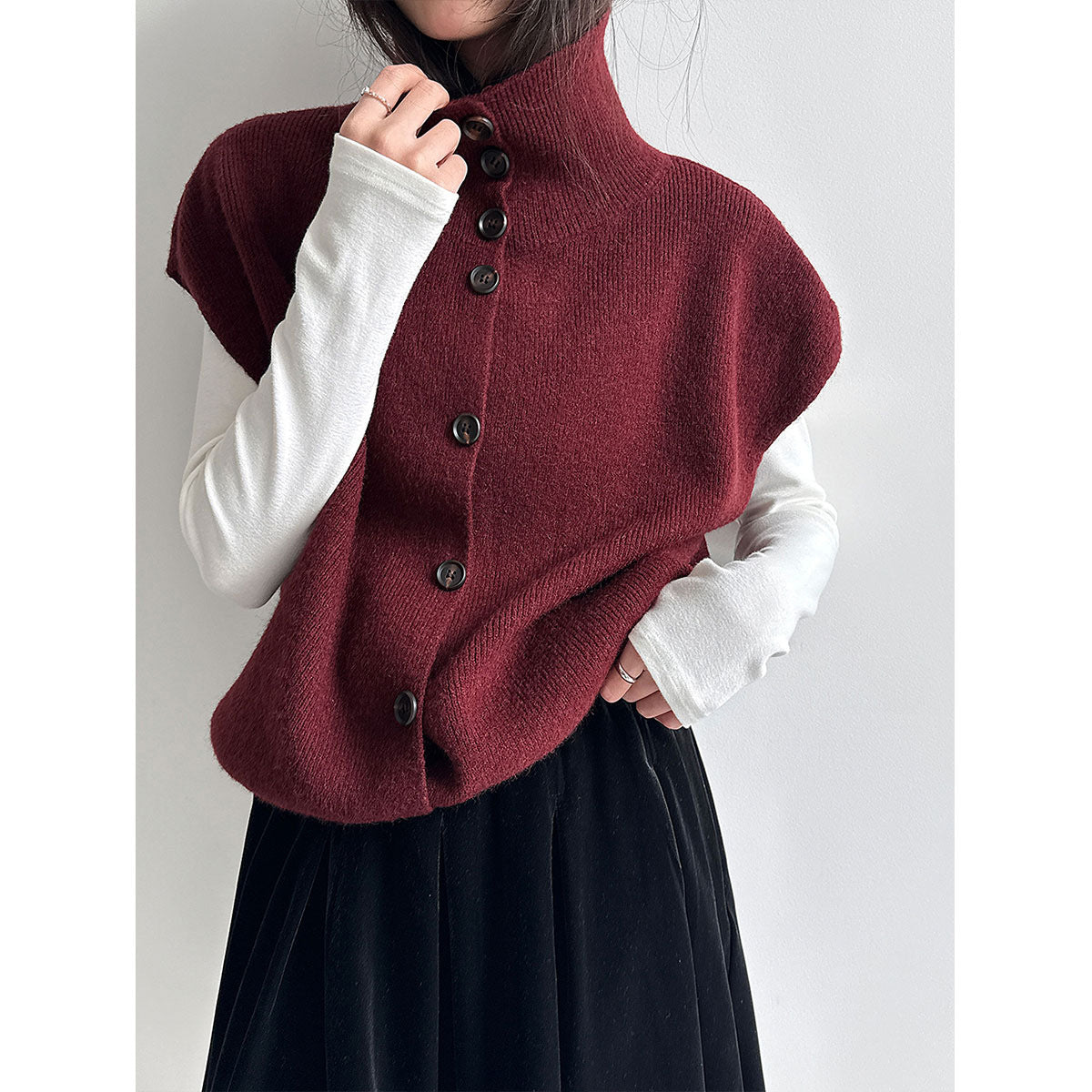 Layered High-neck Knit Vest for Women Spring Drawstring Waist Slim Fit Versatile Sweater Vest
