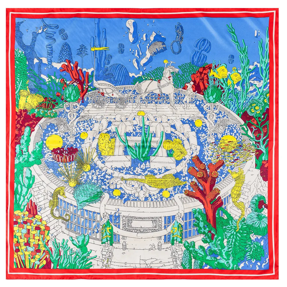 Manual Hand Rolled Twill Silk Scarf Women Ocean City Print Square Scarves
