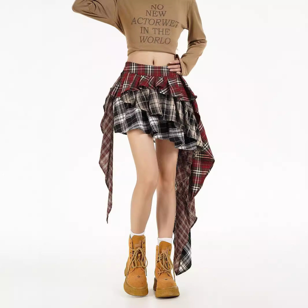 Patchwork skirt for women, autumn design sense, spicy girl style, fashionable irregular short skirt
