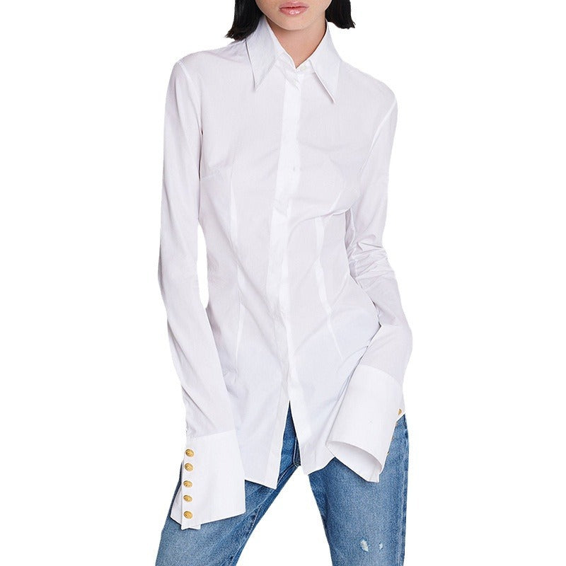 European and American celebrities fashion simple slim fit versatile white long sleeved trumpet sleeve shirt
