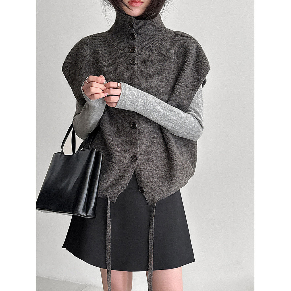 Layered High-neck Knit Vest for Women Spring Drawstring Waist Slim Fit Versatile Sweater Vest
