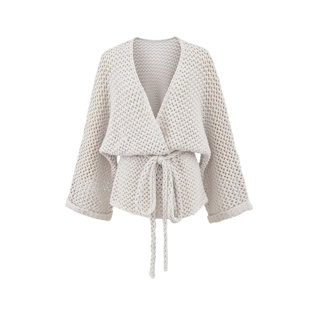 Casual Loose Knit Cardigan with Openwork Detail, Solid Color, Relaxed Fit, Belted Waist, Women's Outerwear Top