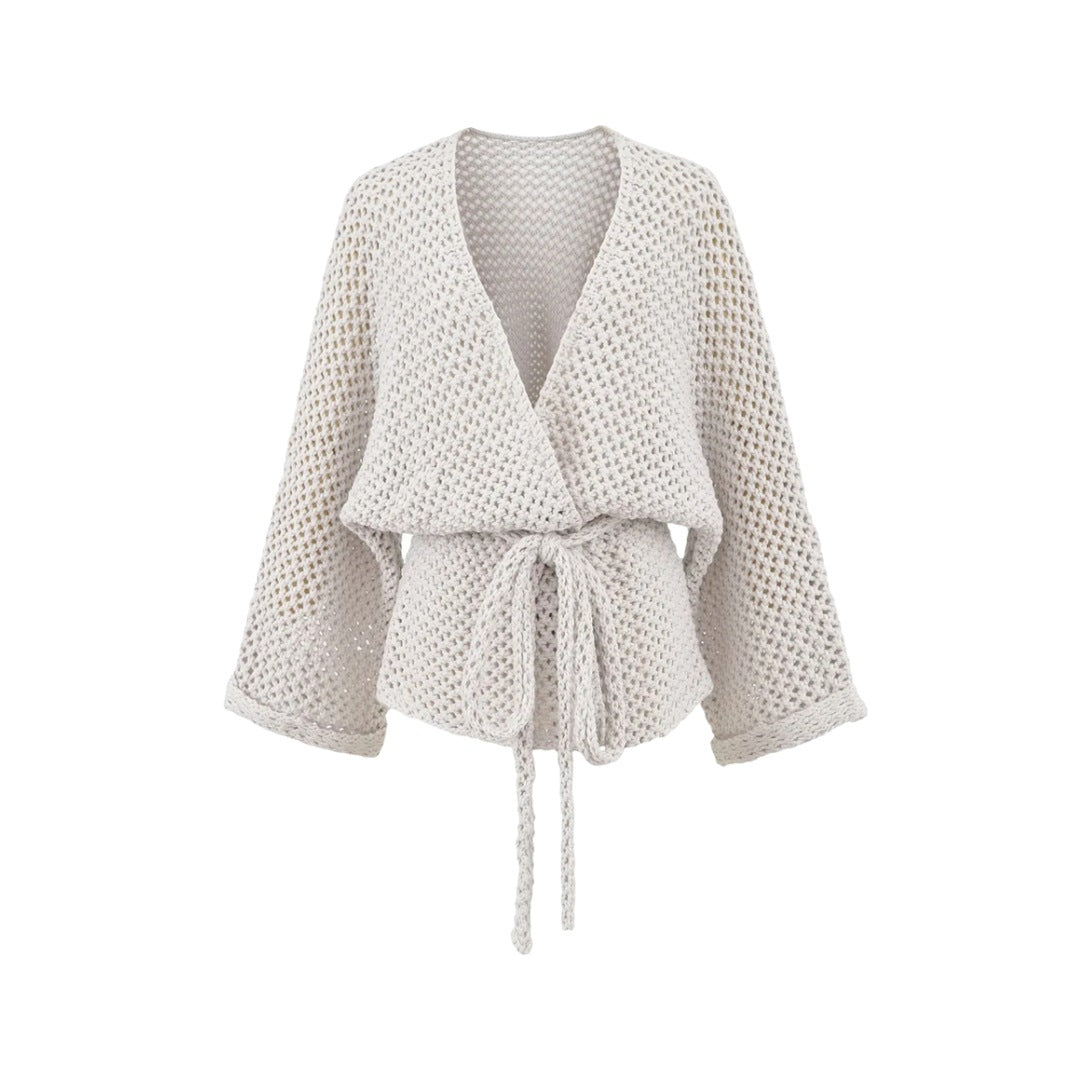 Casual Loose Knit Cardigan with Openwork Detail, Solid Color, Relaxed Fit, Belted Waist, Women's Outerwear Top
