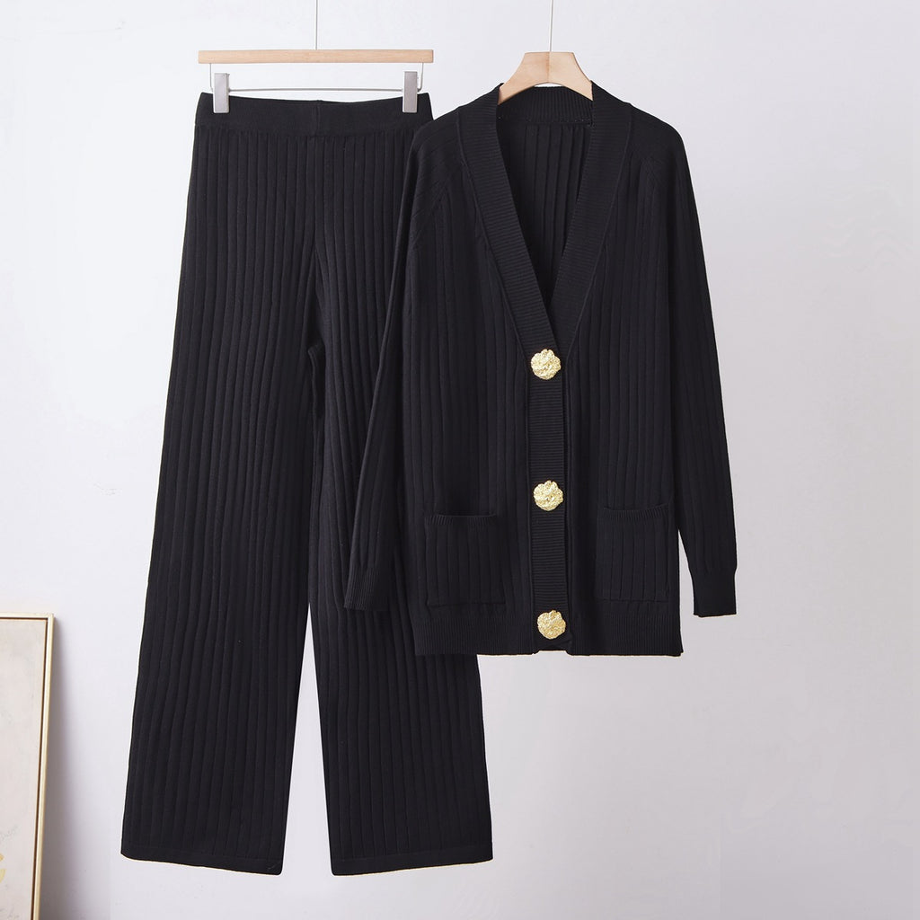 Metal button cardigan sweater wide leg pants set