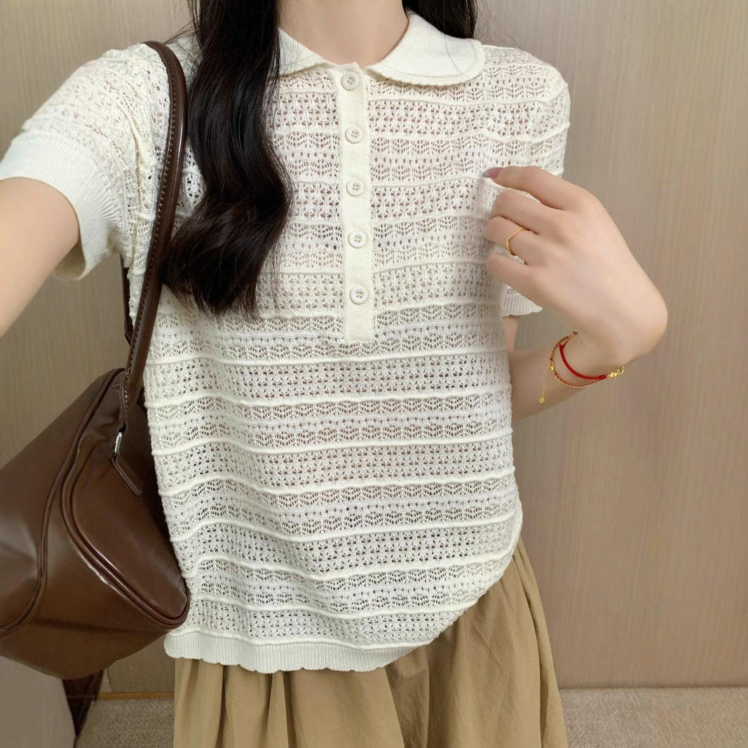 Knit Short Sleeve T-Shirt Silk Wool Polo Collar Hollow Out Casual Top