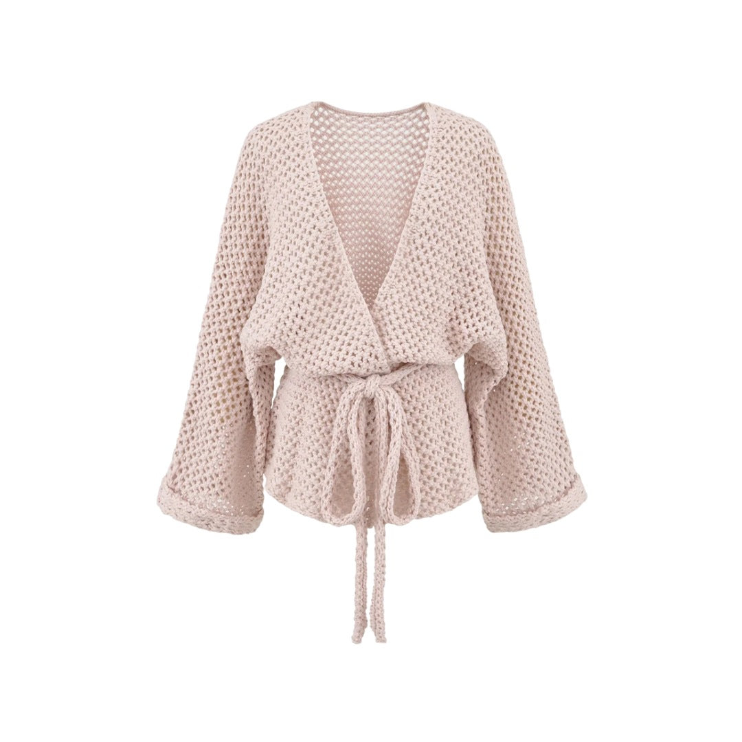 Casual Loose Knit Cardigan with Openwork Detail, Solid Color, Relaxed Fit, Belted Waist, Women's Outerwear Top