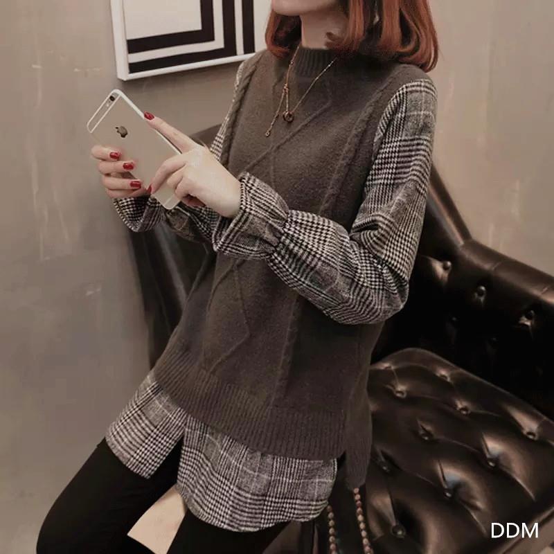 Fake two round neck pullover versatile base knit sweater