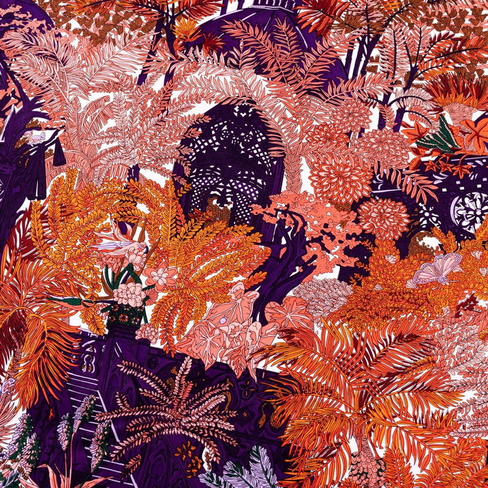 Twill silk square scarf jungle castle print scarf