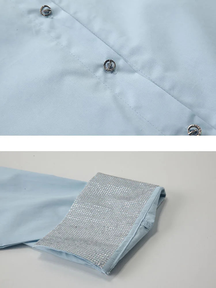 Diamonds Spliced Design Blue Long Sleeve Blouse For Women Summer New Contrast Color Loose Fashion Shirt