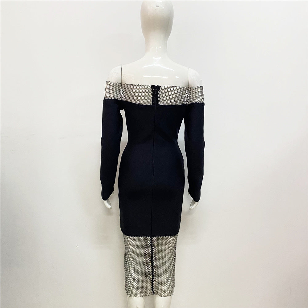 Evening dress with rhinestones, long sleeves, and an off-the-shoulder neckline.