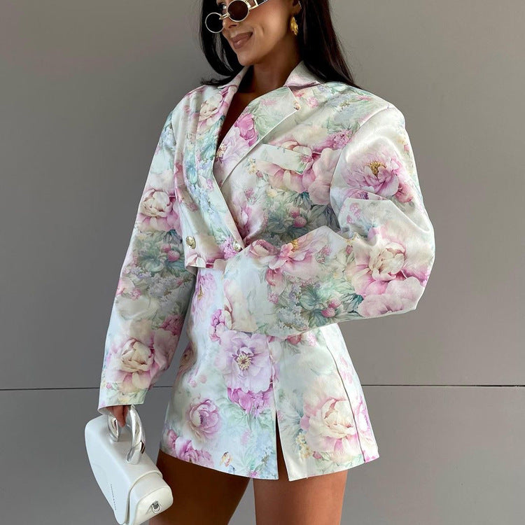 Loose suit skirt two-piece set long sleeved lapel top printed high waisted short skirt