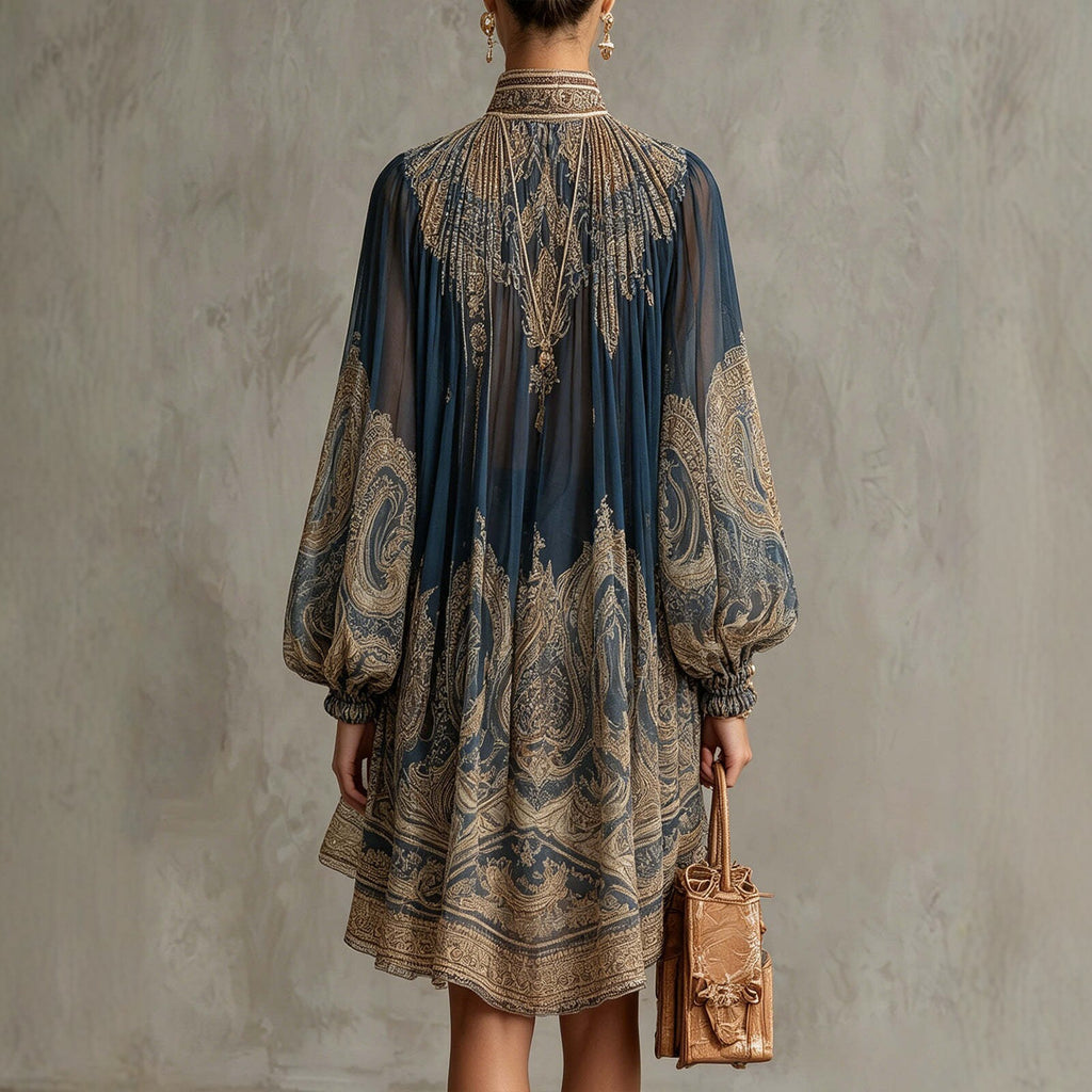 Printed Long Sleeve High Neck Loose Dress