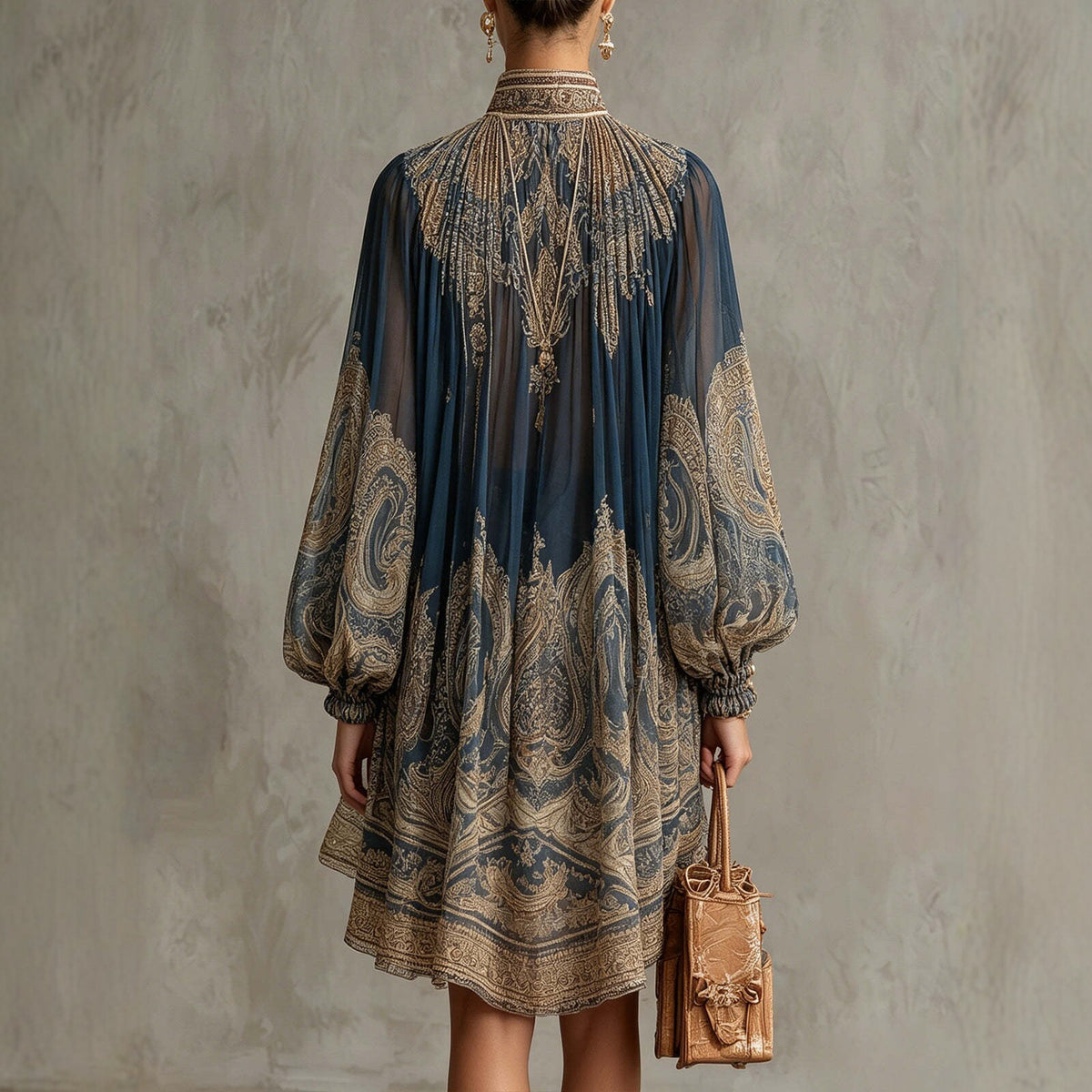 Printed Long Sleeve High Neck Loose Dress