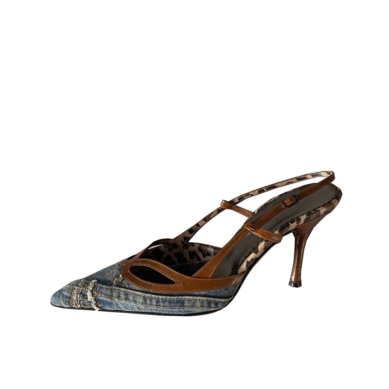 Denim Blue Pointed Toe Stiletto Sandals Women's Slingback Thin Heels Pumps Sexy Cutouts Office Lady Shoes