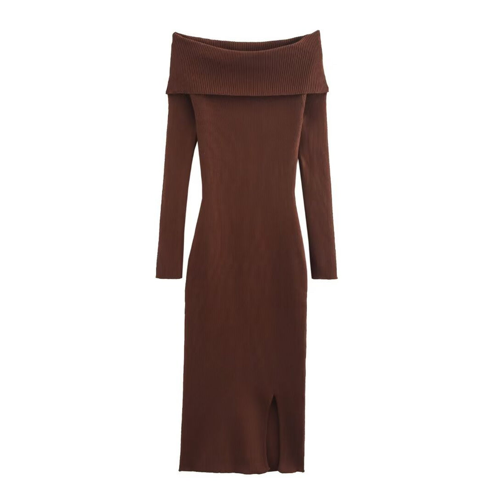 A trendy, minimalist, form-fitting knit dress with long sleeves and an off-the-shoulder neckline.