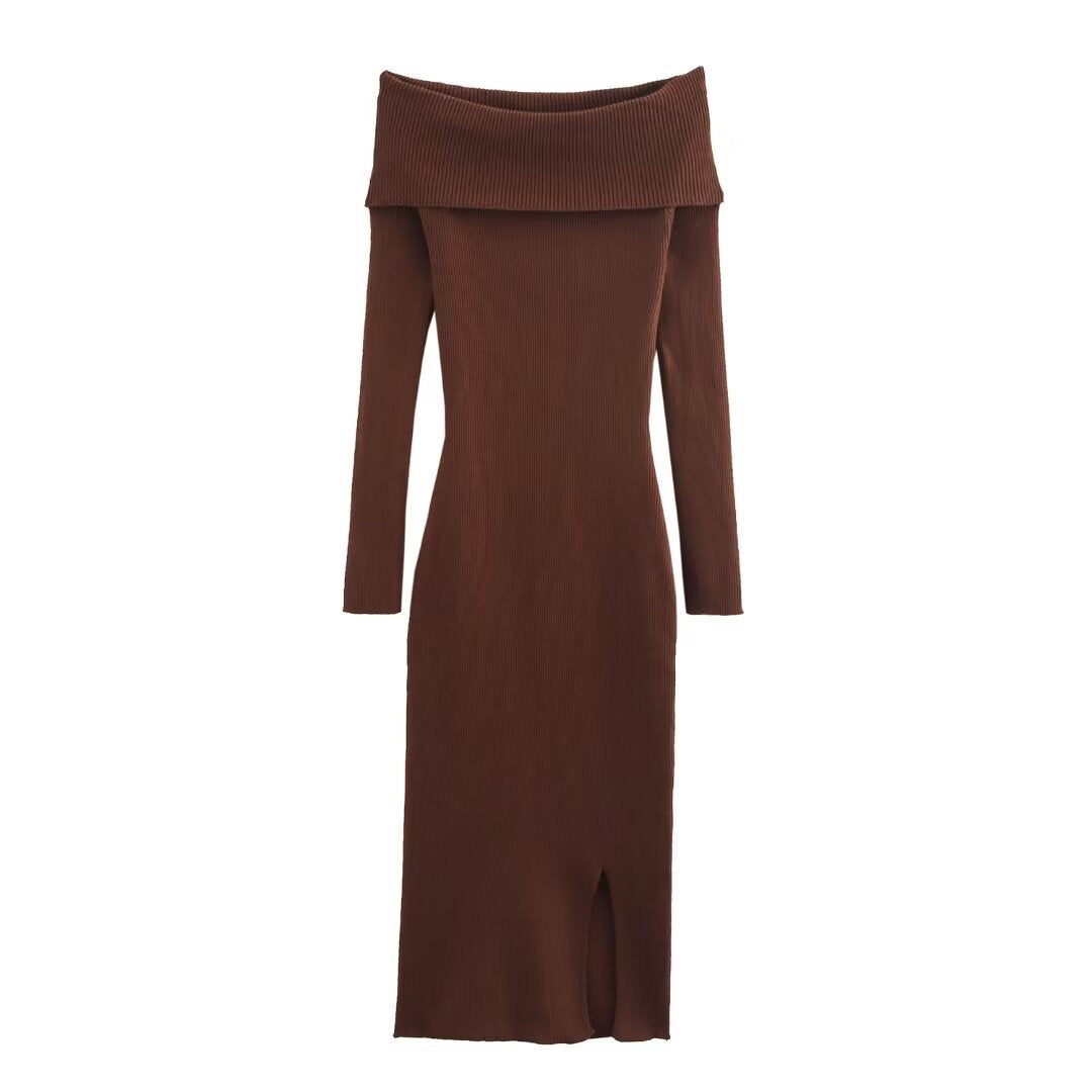 A trendy, minimalist, form-fitting knit dress with long sleeves and an off-the-shoulder neckline.
