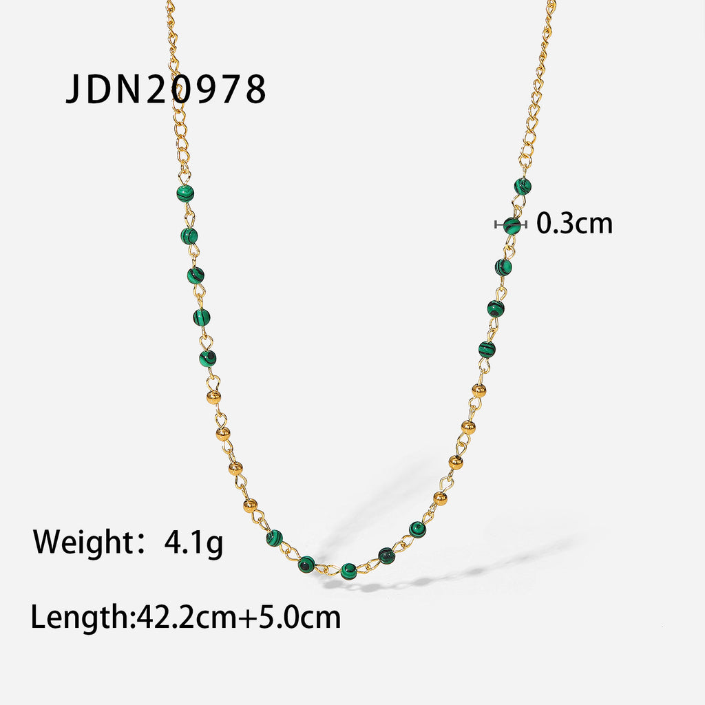 Fashionable INS style necklace with 18K gold small round beads, stainless steel necklace, green turquoise round beads, retro necklace for women